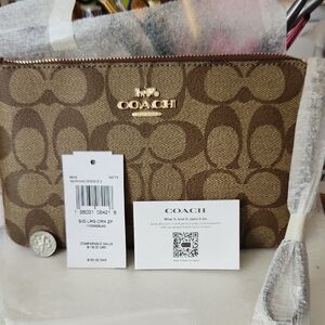 Coach Signature Brown Wristlet with Gold Accents